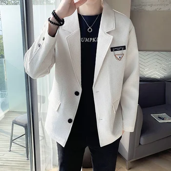 Высококачественный Черно-белый вафельный костюм для мужчин, весна-осень, Новый тренд, Корейские повседневные Красивые Модные однотонные пальто, костюмы