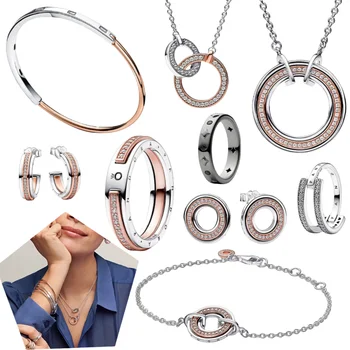 Высококачественный набор двухцветных браслетов из серебра 925 пробы для оригинальных женщин Pandora Charm, роскошный браслет 