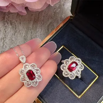 Высококачественный ювелирный набор с рубином, серьги из трех частей, кольцо, ожерелье, женский изысканный темперамент, Джокер, оптовая продажа.