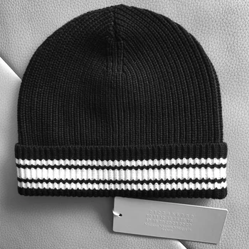 Вязаная шерстяная шапка в черно-белую полоску в стиле Margiela, Классическая Осенне-зимняя шапка стандартной строчки с четырьмя углами, оригинальная