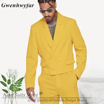 Гвенвифар Желтого цвета, мужские модные костюмы, Короткий блейзер, Повседневные брюки, Handmad, 2 предмета, Крутые Мужские костюмы для вечеринок, Двубортные