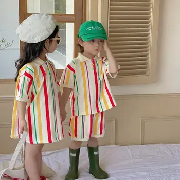 Детская одежда для брата и сестры, летний модный Корейский костюм в полоску, платье-поло для девочек, комплект шорт с короткими рукавами для мальчиков, Комплект шорт для мальчиков