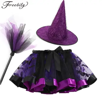 Детский костюм ведьмы для косплея на Хэллоуин для девочек, юбка-пачка из сетчатого материала с принтом, шляпа Волшебницы, метла для представления на тематической вечеринке в честь карнавала