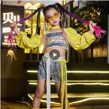 Детский костюм для современных танцев, одежда для девочек в стиле хип-хоп, одежда для уличных танцев с блестками, одежда для выступлений на сцене в стиле Kpop, танцевальная одежда
