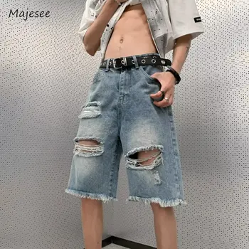 Джинсы с дырками Мужские Ретро-шикарные бойфренды Harajuku High Street Летние Стильные брюки длиной до колен Джинсовая одежда для подростков Мешковатая готическая