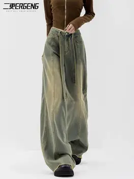 Джинсы с оборками в американском ретро стиле, весенне-осенний модный дизайн, мужские и женские прямые брюки свободного кроя, уличные широкие брюки