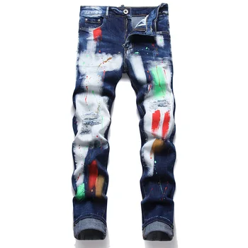 Дизайн в стиле рок-панк, мужские джинсы-стрейч, уличная одежда, рваные брюки с дырками, синие Белые Узкие зауженные брюки, джинсы