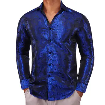 Дизайнерские рубашки для мужчин, шелковые блузки синего цвета с длинными рукавами и узором Пейсли, облегающие мужские блузки, повседневные топы, дышащая уличная одежда Barry Wang