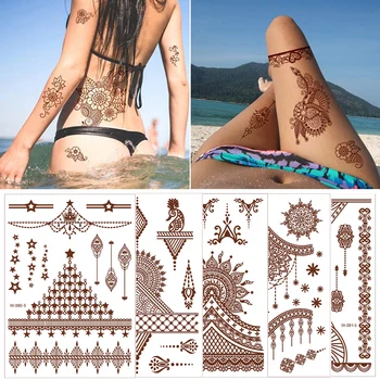 Долговечные наклейки с татуировками из индийского кружева, красно-коричневые водонепроницаемые полупостоянные наклейки с татуировками хной, сменные наклейки с татуировками