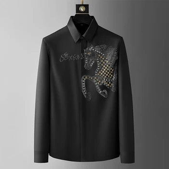 Европейская модная Мужская рубашка с длинным рукавом Horse Hot Diamond Letter 2023 Осень высокого класса, повседневная рубашка класса люкс большого размера