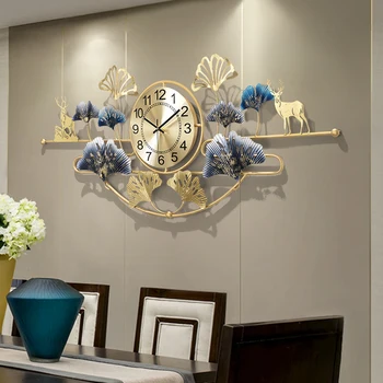 Европейские Настенные часы с оленями из листьев Гинкго из кованого железа, украшения для домашней комнаты, 3D-настенные росписи, ремесла, наклейка на стену в вестибюле отеля