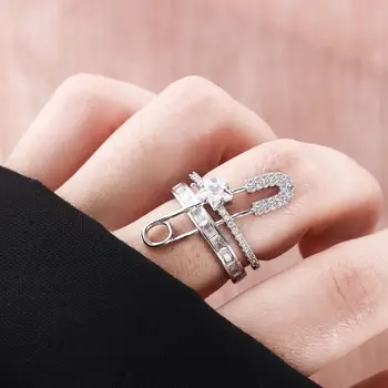 Европейский и американский дизайн с преувеличенной булавкой, Двухслойные кольца с микро-инкрустацией, открытые кольца для безымянных пальцев, модные украшения, медь