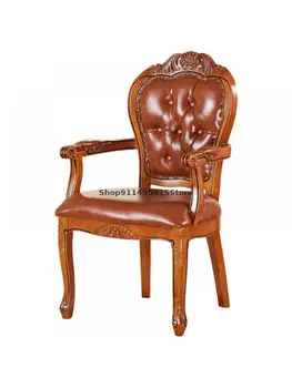 Европейский стул из цельного дерева, кожаный обеденный стул, Американское ретро-кресло для переговоров по маджонгу в отеле, Домашний обеденный стол и стул