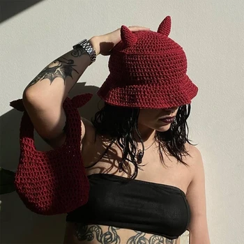 Женская вязаная цилиндрическая шляпа-панама /сумка Осень-зима, кепка с дьявольским рогом, кепка рыбака