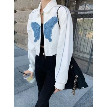 Женская куртка на молнии с нашивкой в виде бабочки 2023, Винтажный Уличный Белый Свободный топ Y2K с длинным рукавом, Корейское повседневное Пикантное Женское сексуальное пальто для девушек