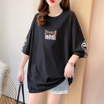 Женская летняя Хлопчатобумажная футболка, Нижняя футболка в корейском стиле с забавной буквенной вышивкой, Короткий рукав, негабаритные Футболки y2k Top для женщин