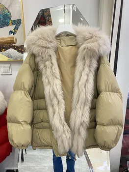 Женская меховая пуховая куртка 2022, Новая зима, Свободный теплый воротник из лисьего меха большого размера, куртка с капюшоном из гусиного пуха 90