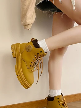 Женская обувь, короткие ботинки, новинка 2023 года, весна, осень и зима, водонепроницаемые женские ботинки на среднем каблуке со шнуровкой на толстой подошве,