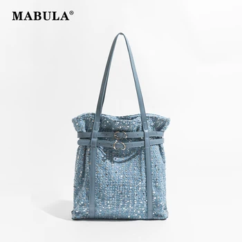 Женская сумка через плечо из денима с блестками MABULA, винтажная синяя Эко-сумка для покупок, многоразового использования, повседневная сумка на каждый день