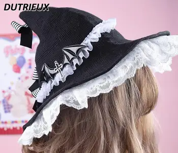 Женская шляпа в стиле Лолиты ручной работы, Новая черная готическая шляпа на Хэллоуин, черная шапка с бантом, шапки ведьмы в стиле Лолиты, женские шляпы для косплея, зимние женские шляпы