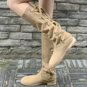 Женские сапоги до колена из натуральной кожи на плоской подошве с круглым носком, длинные ботинки на шнуровке, Женские модные сапоги Осень-зима Zapatos Para Mujeres