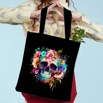 Женские сумки с изображением мексиканского черепа, сумка-тоут с готическим цветочным принтом, сумка для покупок в стиле харадзюку в стиле хип-хоп, модная винтажная сумка через плечо