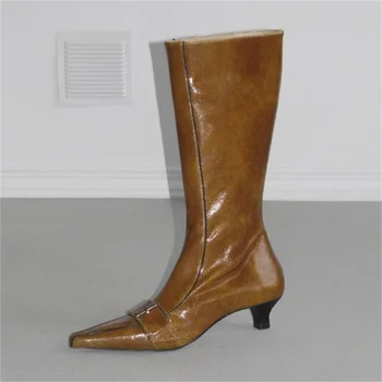 Женские туфли с пряжками на массивном каблуке с острым носком, коричневые сапоги до середины икры, боковые молнии, Zapatos De Mujer Knight Botas