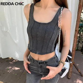 Женский джинсовый топ без рукавов ReddaChic Grunge Y2k в стиле ретро 90-х, серый, однотонный, с квадратным вырезом, укороченная майка, винтажная одежда в стиле пэчворк