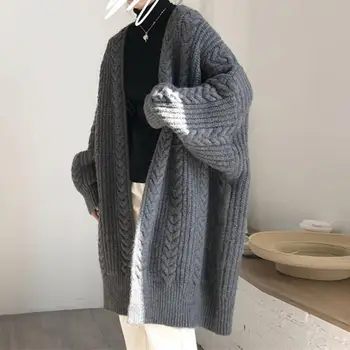 Женский осенне зимний свитер, пальто, вязаная куртка с длинным рукавом, открытая Передняя часть, утолщенный свитер, верхняя одежда, кардиган