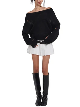 Женский свитер свободной вязки с длинным рукавом Оверсайз, Рваные Пуловеры с V-образным вырезом, осень-зима, Уличная одежда
