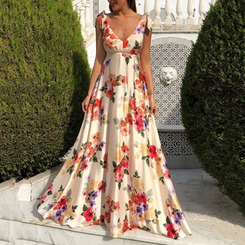 Женское летнее вечернее платье-корсет с цветочным принтом, Элегантный модный ремень, без рукавов, V-образный вырез, Высокая талия, платье длиной до пола