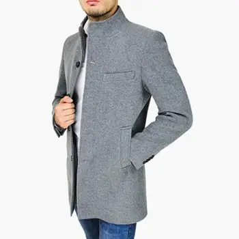 Женское однотонное пальто, женское шерстяное пальто, ветровка средней длины, верхняя одежда для мужчин с воротником-стойкой, однобортные карманы