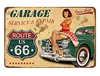 Жестяная вывеска Pin Up Girl, Ремонт гаражной службы Route 66 Женщины сидят в зеленой машине Старинные металлические жестяные вывески для кафе, баров, пабов Sho
