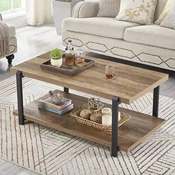 Журнальный столик с полкой, дерево и металл, Коктейльный столик в деревенском стиле для гостиной, дуб