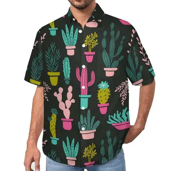 Забавная пляжная рубашка с кактусами, Летние повседневные рубашки с принтом растений Кактусов, Мужские эстетичные блузки с коротким рукавом, Одежда большого размера