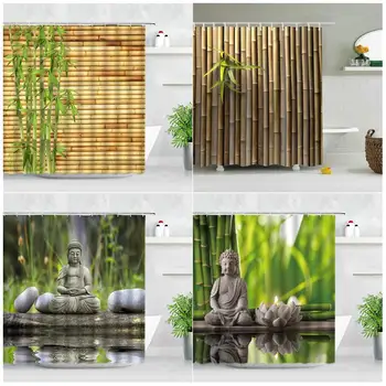 Занавеска для душа Zen Green Bamboo Будда Пейзаж Вода Свеча Камень Растение Лоту Садовый пейзаж Водонепроницаемая Ширма для ванной комнаты