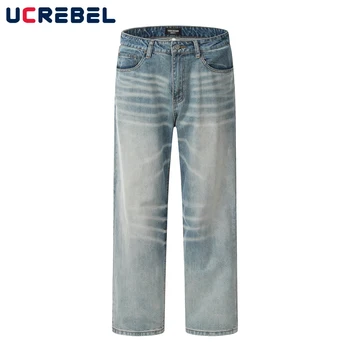 Застиранные потертые широкие джинсовые брюки, мужская уличная одежда, свободные повседневные брюки с прямыми штанинами, мужские джинсы