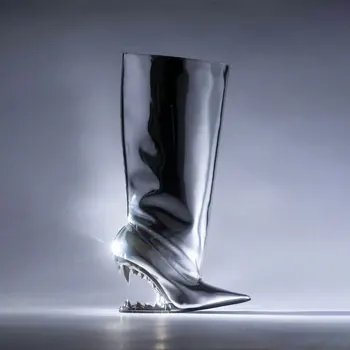 Зеркальные сапоги Morso с острым носком, эластичные, до колена, женские ботинки на танкетке и высоком каблуке, осень-зима, Новые серебристо-золотые туфли в тон