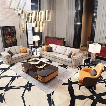 Итальянская Светлая Простая Белая гостиная в стиле постмодерн, Полная отделка, Роскошный кожаный диван для большой семьи, Креативный дизайн.