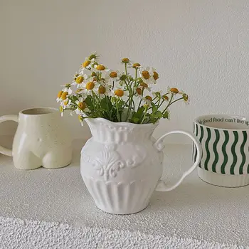 Керамическая ваза с тиснением и цветочным декором в скандинавском белом ретро-стиле, Маленький Молочник для гостиной Высокого класса