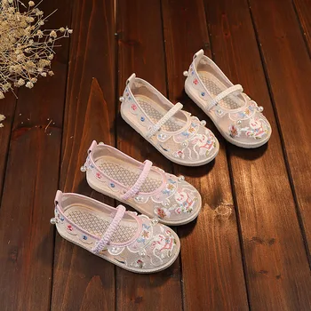 Коллекция 2023 года, весенне-осенняя обувь с вышивкой для девочек, тонкие туфли принцессы для детей, детская повседневная обувь на плоской подошве в старинном этническом стиле без застежки