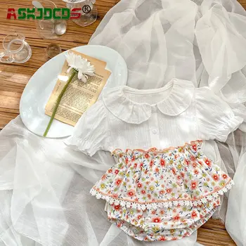 Комплект летней одежды из 2 предметов для маленьких девочек, однотонные футболки с пышными рукавами + кюлоты с цветочными кружевными рюшами из хлопка для новорожденных