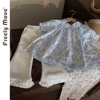 Комплект одежды Sweet Girls 2023, Новые рубашки с коротким рукавом и цветочным принтом, брюки, комплект из 2 предметов, летняя детская одежда для девочек