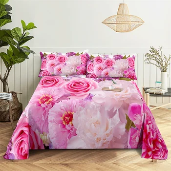 Комплект постельного белья Fresh Pink Rose Queen для детской комнаты с цветами в цветочек, простыни и наволочки, постельное белье с плоской простыней, комплект простыней