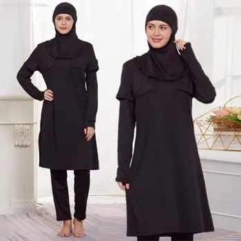 Комплекты из 3 предметов, Женские мусульманские исламские черные купальные комплекты, арабские скромные топы с полным покрытием, Брюки, купальники, Пляжная одежда