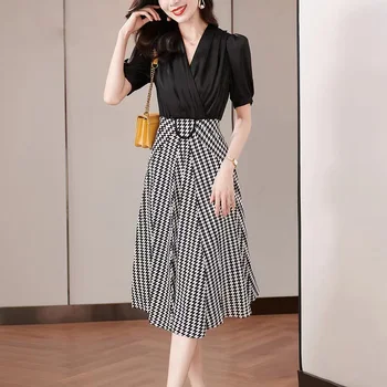 Корейские шикарные модные вечерние платья Миди в стиле пэчворк для женщин 2023, летние офисные женские элегантные вечерние платья трапециевидной формы с V-образным вырезом