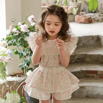Корейский стиль, Детские Блузки с цветочным рисунком для девочек, Хлопчатобумажные Кружевные Оборки, Рукав-лепесток, Свободная Дышащая рубашка в стиле 
