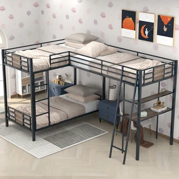 Коричневая L-образная двухъярусная кровать Twin over Twin с кроватью-чердаком Twin Size, письменным столом и полкой, для мебели для спальни в помещении