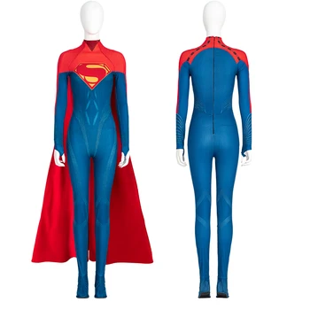 Костюм супергероя для косплея Супергерл Женский костюм комбинезон Синее боди с красным плащом Наряды для вечеринки на Хэллоуин