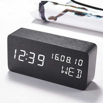 Креативный деревянный будильник, настольные электронные часы с датой, температурой, Подключаемый USB-модуль, бесшумные Многофункциональные цифровые настольные часы